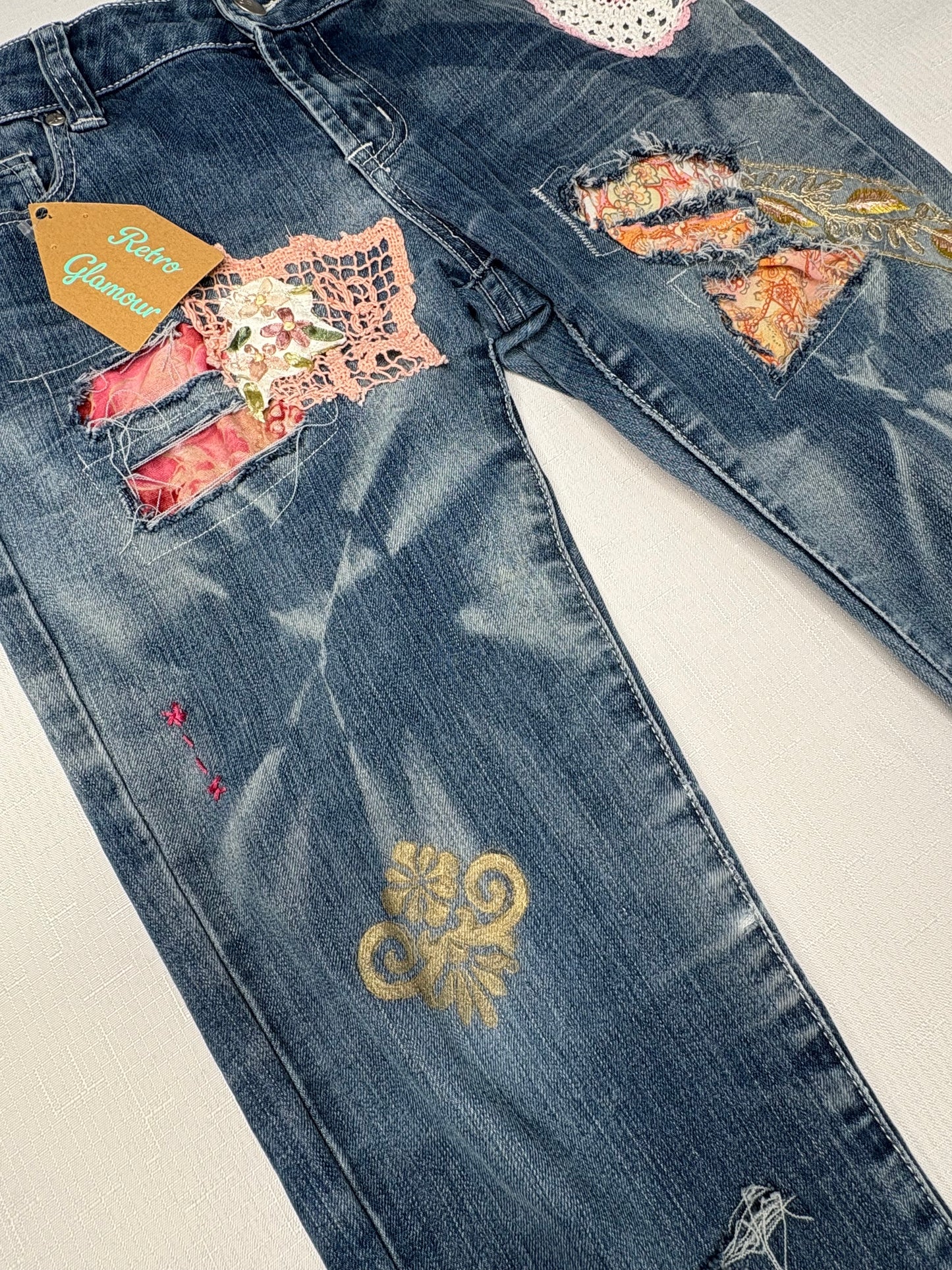 Distressed Pink & Gold Patched 'Dotti' Jeans