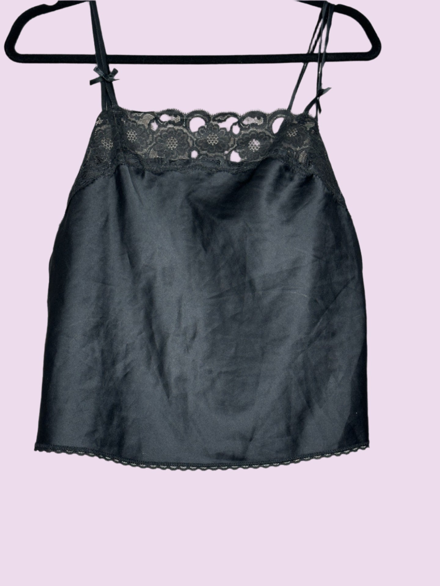 Black satin nightgown with lace trim