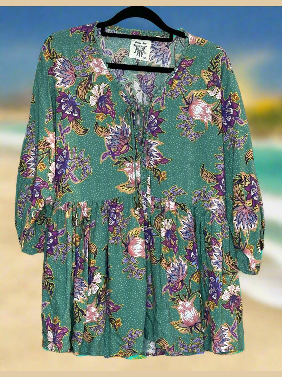 Dreamcatcher Green Purple Floral Print Top