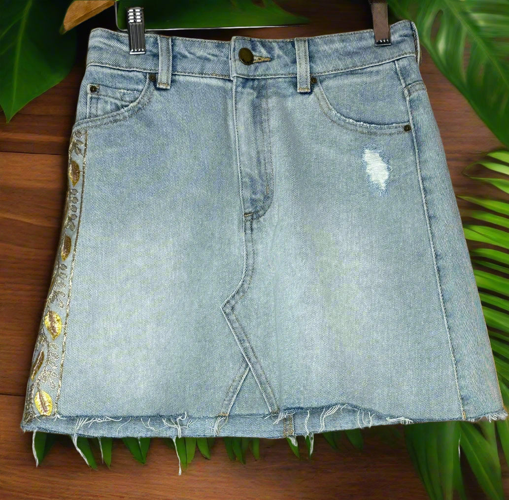 Gold Leaf Embroidered 'Billabong' Denim Skirt