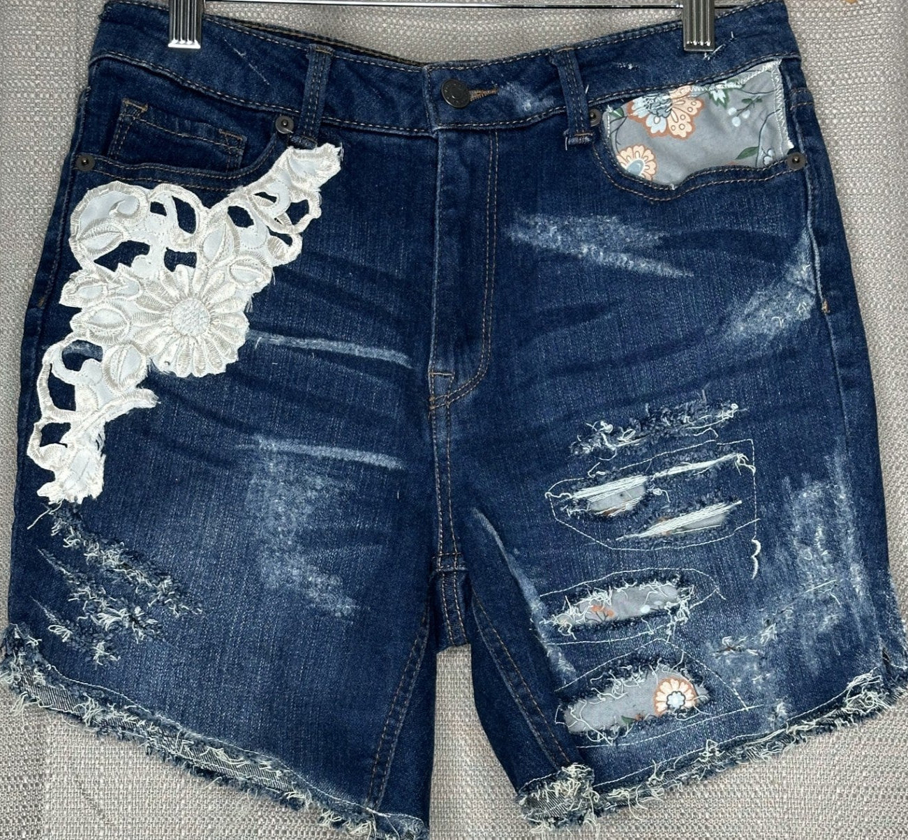 Distressed Floral & Lace Denim Shorts