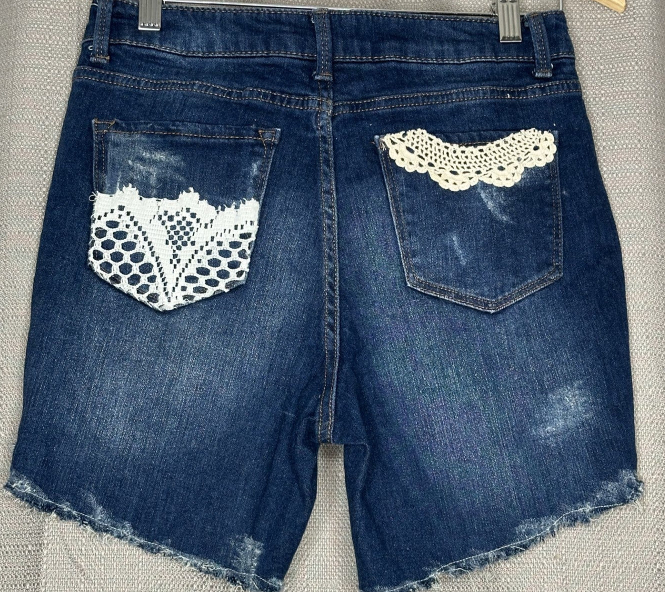 Distressed Floral & Lace Denim Shorts