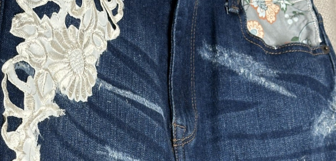 Distressed Floral & Lace Denim Shorts