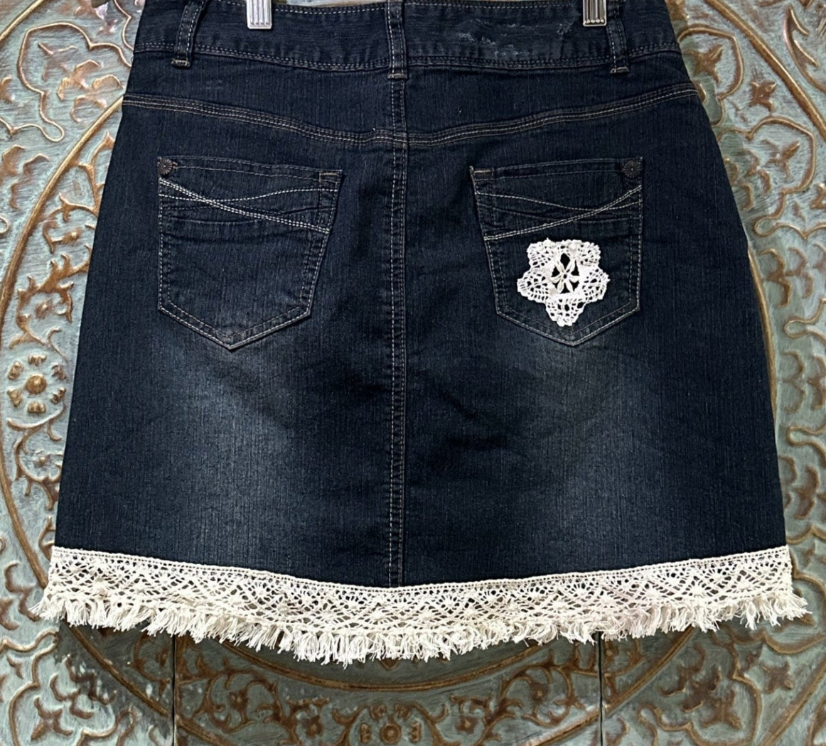 Upcycled Ruffled Lace Denim Skirt