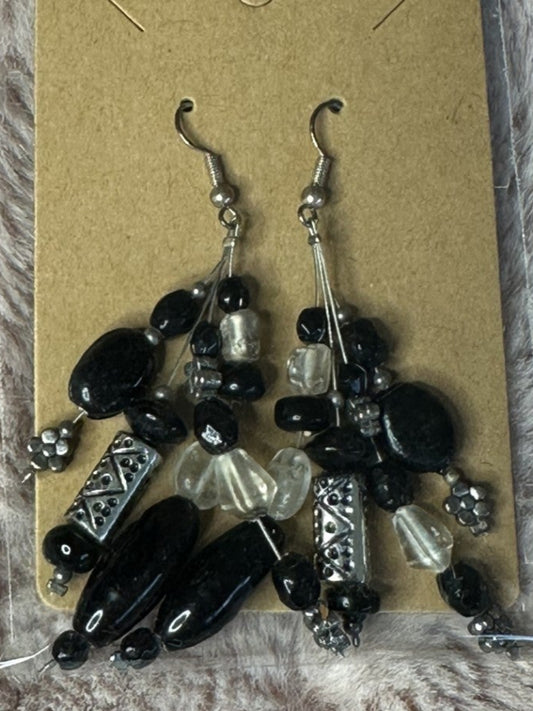 Pair of black and silver beaded earrings 