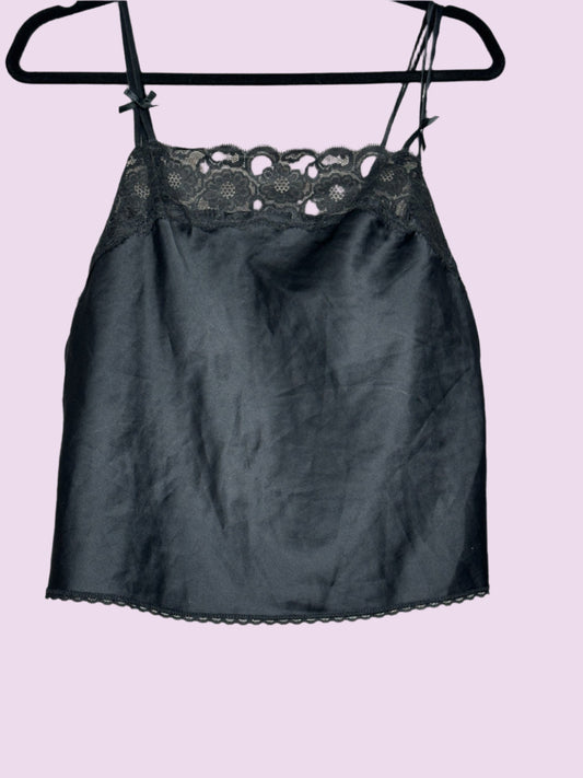 Black satin nightgown with lace trim 
