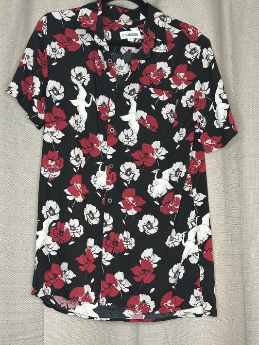 Black shirt with red and white floral pattern 