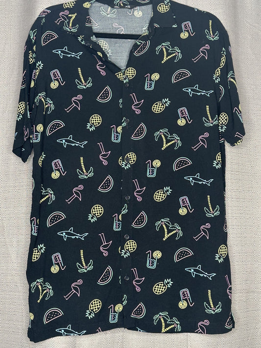 Black short sleeved shirt with colorful summer-themed pattern 