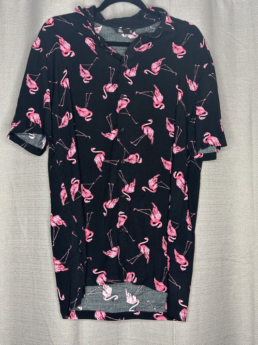 Black short sleeved shirt with pink flamingo pattern 