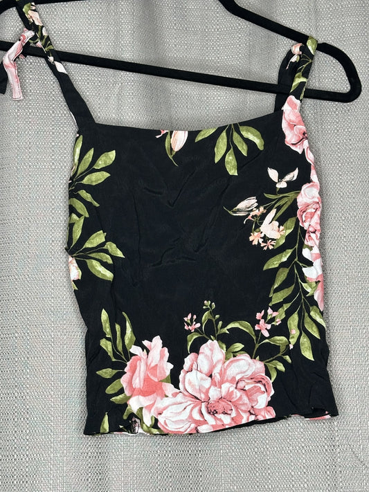 Black top with floral design w/ gathered Back 