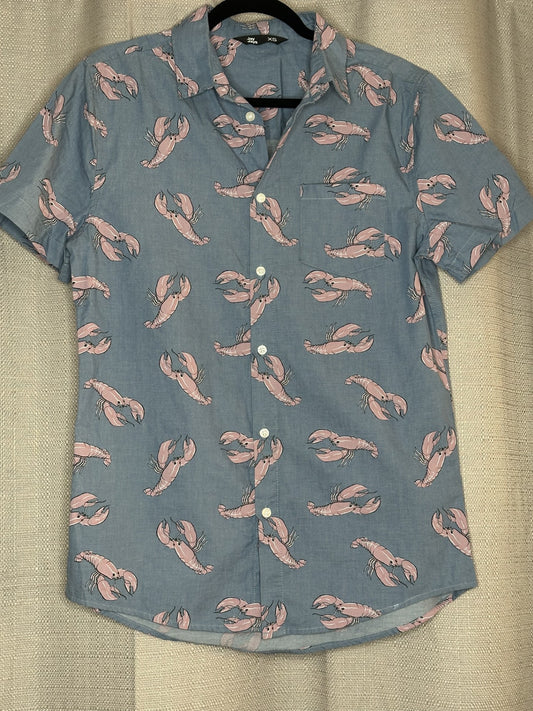 Blue shirt with pink lobster pattern shirt