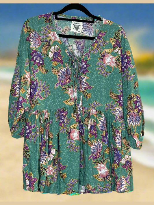 Dreamcatcher Green Purple Floral Print Top