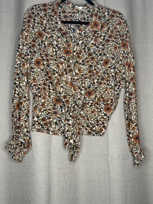 Floral patterned blouse with long sleeves & tie at the front