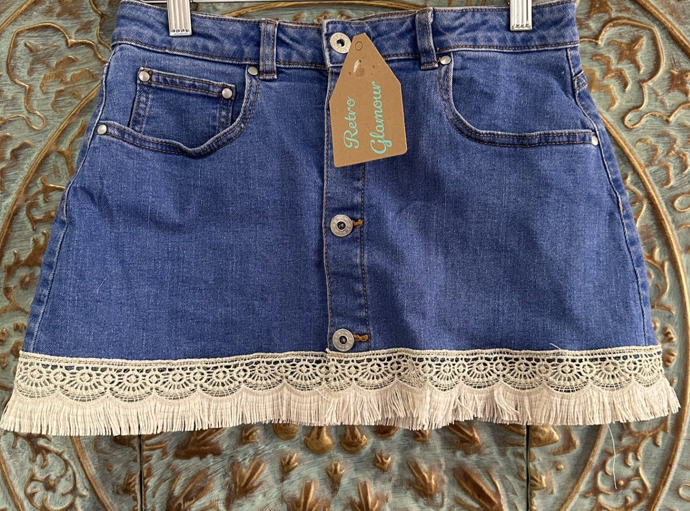 Gold Lace Denim Mini Skirt