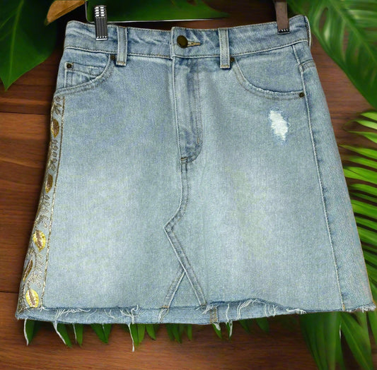 Gold Leaf Embroidered 'Billabong' Denim Skirt