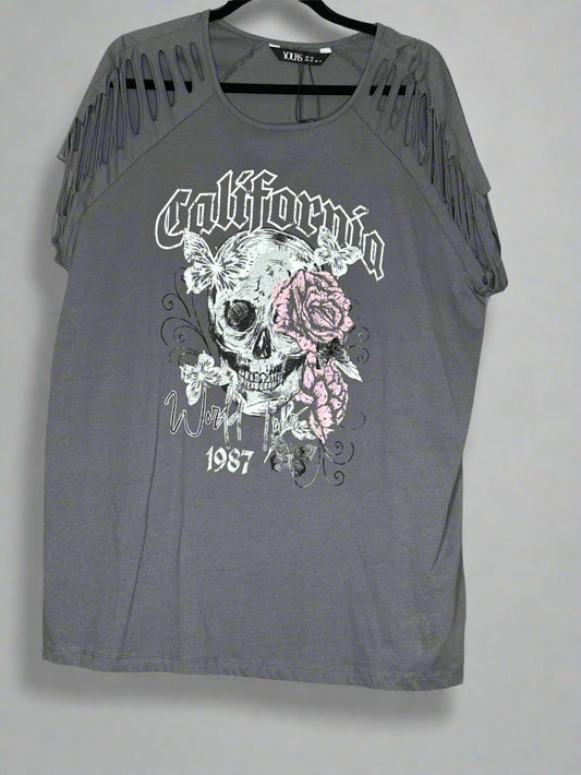 Grey sleeveless top with skull and floral design on a grey background