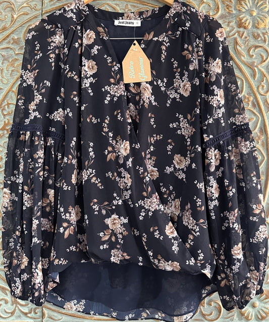 'Just Jeans' Navy Floral Cross-Over Blouse