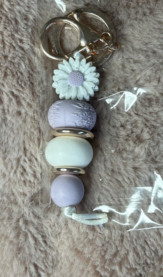 Purple & White Keychain with beads and flowers 