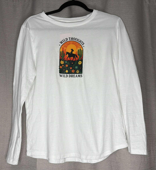 White long-sleeve shirt with a graphic design on a gray background