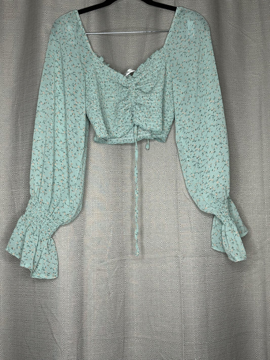 Mint green floral  cropped long sleeved blouse 