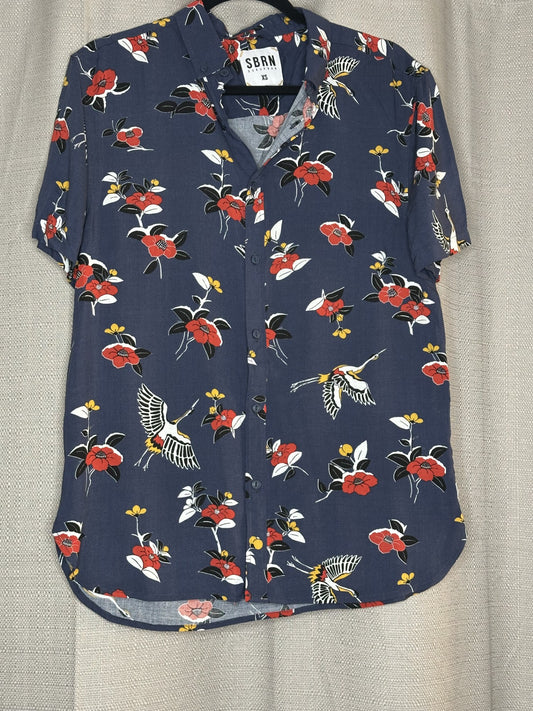 Navy blue shirt with floral and bird pattern 