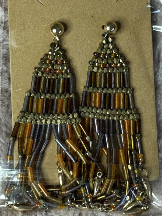 Pair of gold/purple/black tassel earrings 