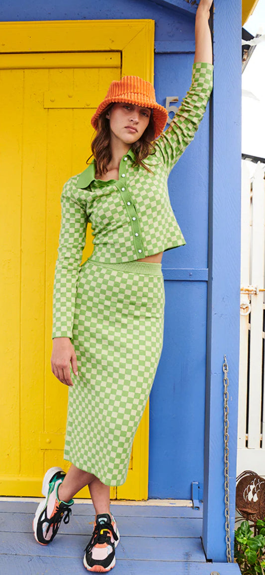 'Race Knit' Green Checkered Pencil Skirt