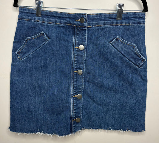 Blue denim skirt with button details on a white background