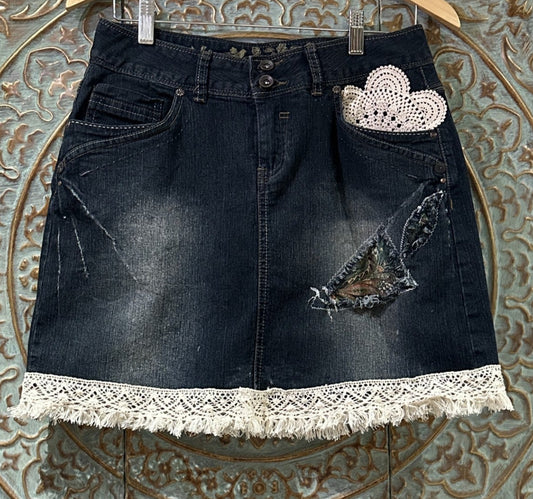 Ruffled Lace Denim Skirt