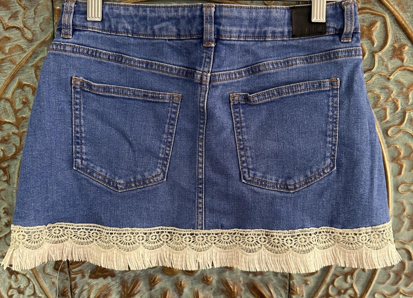Gold Lace Denim Mini Skirt