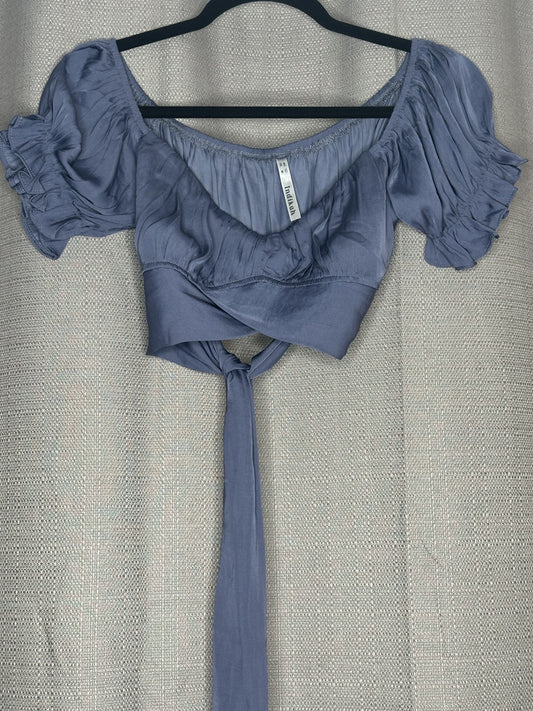 Blue off-shoulder top with ruffled sleeves & tie back