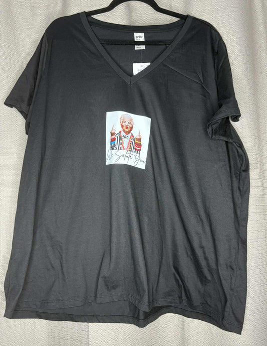 Black t-shirt with a colorful graphic on a beige background