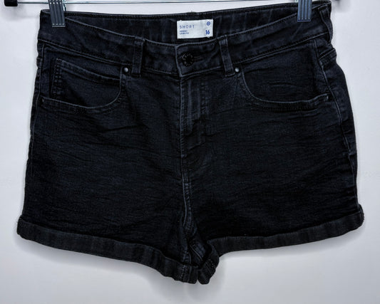 Black denim shorts on a white background