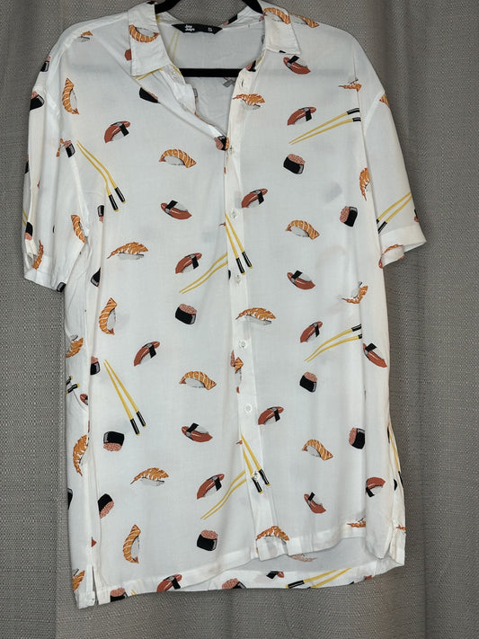 White shirt with sushi pattern 
