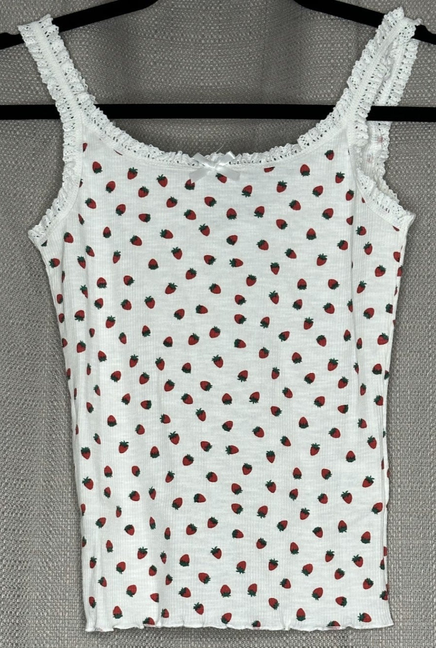White tank top with red strawberry pattern 