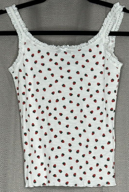 White tank top with red strawberry pattern 
